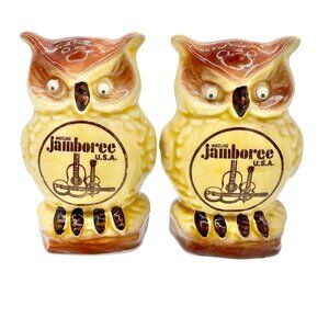 Vintage Scotty Wheeling Jamboree Owl Salt and Pepper Shakers Googly Eyes Move